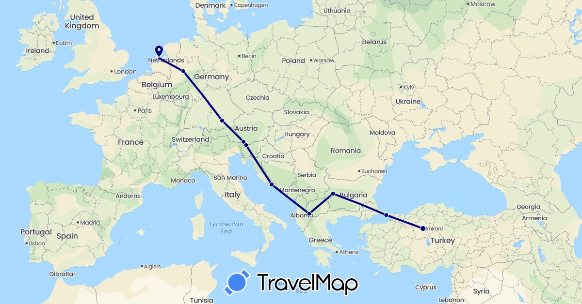 TravelMap itinerary: driving in Austria, Bulgaria, Germany, Croatia, Macedonia, Netherlands, Slovenia, Turkey (Asia, Europe)